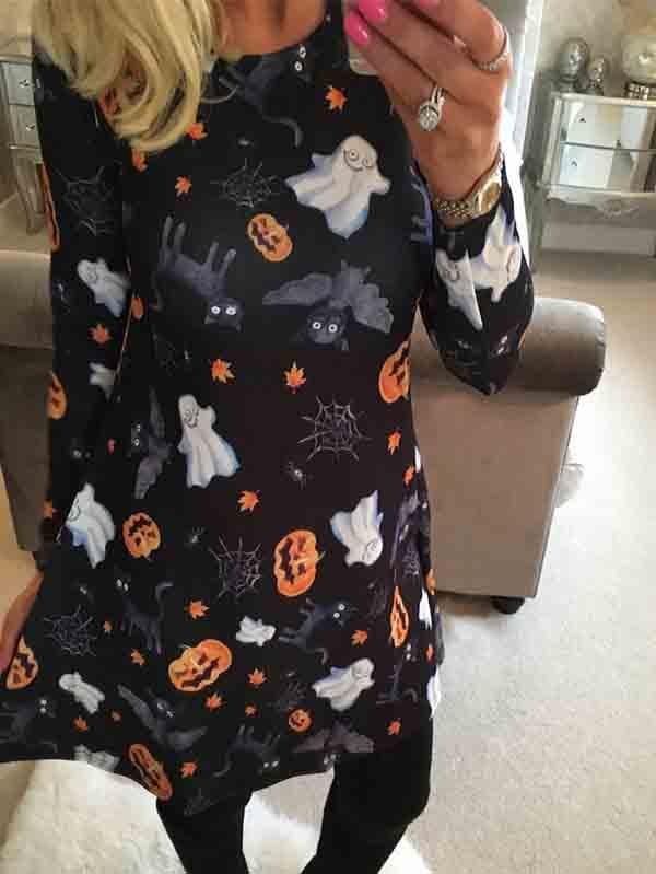 Halloween Scary Ghost Long Sleeve Casual Dress-elleschic