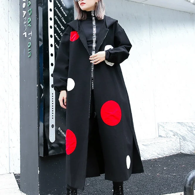 fine black dotted long coat plus size hooded maxi coat women side open baggy coats