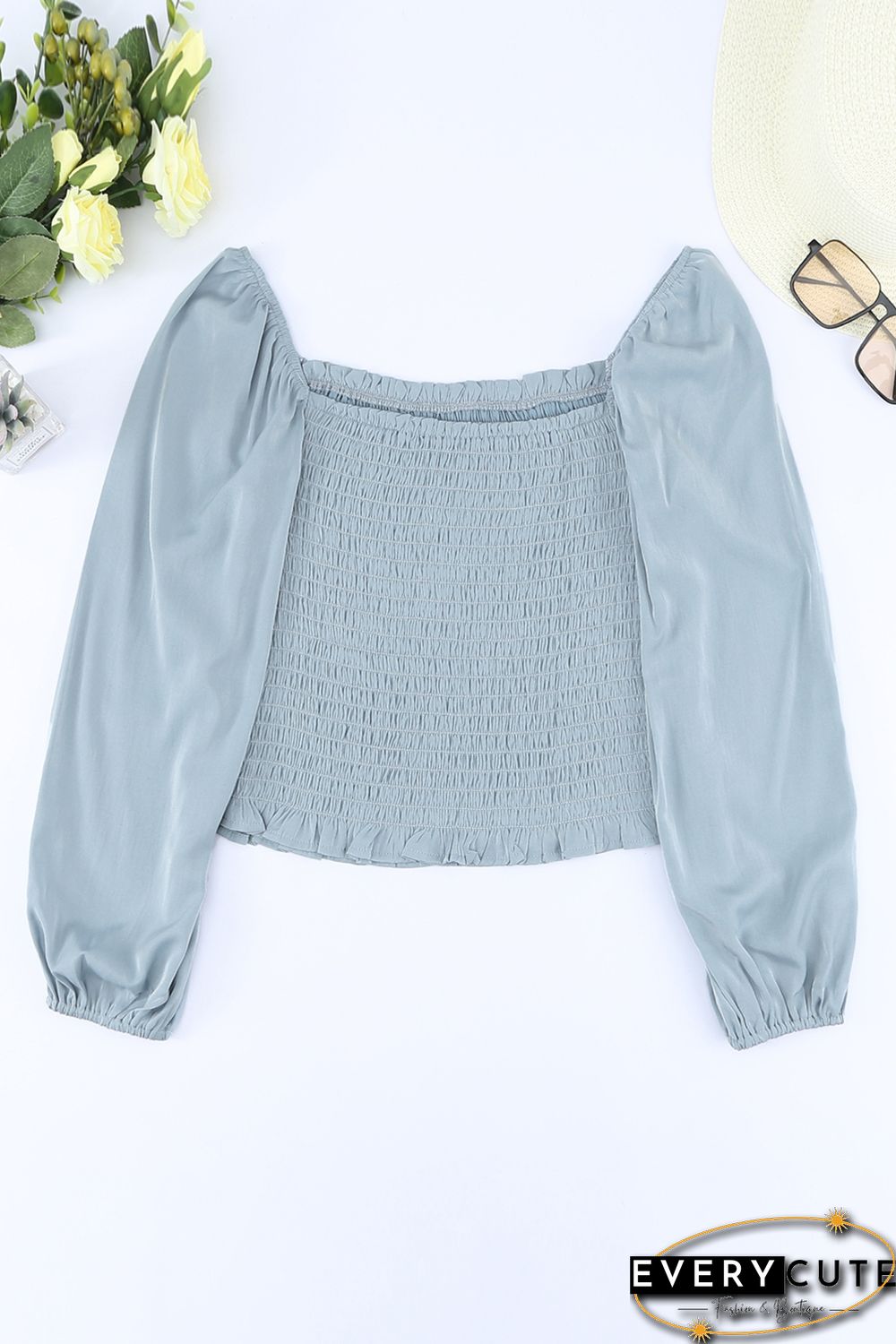 Sky Blue Puff Sleeve Smocked Top