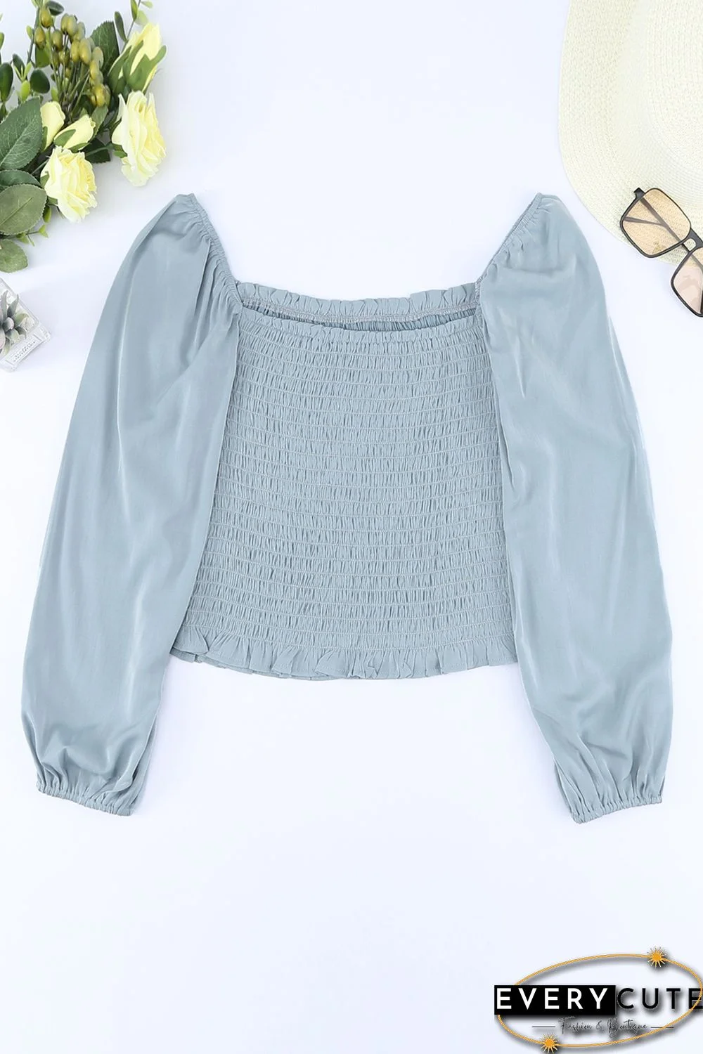 Sky Blue Puff Sleeve Smocked Top