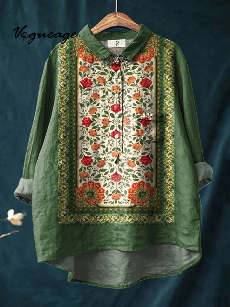 Colorful Bright And Fashionable Age-Reducing Flowers Print Cotton And Linen Shirt