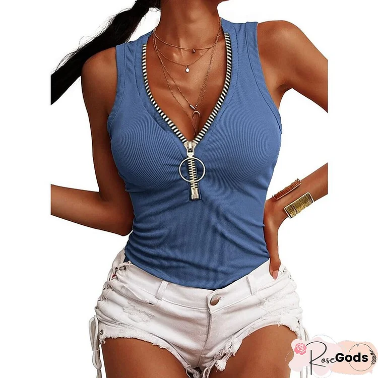 Summer Women's Threaded Zipper Slim Vest Top T-Shirt