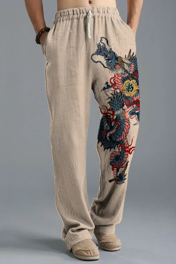 Men's Japanese Dragon Totem Art Print Casual Pants
