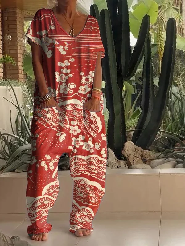 Vintage Plum Blossom Print V-neck Jumpsuit