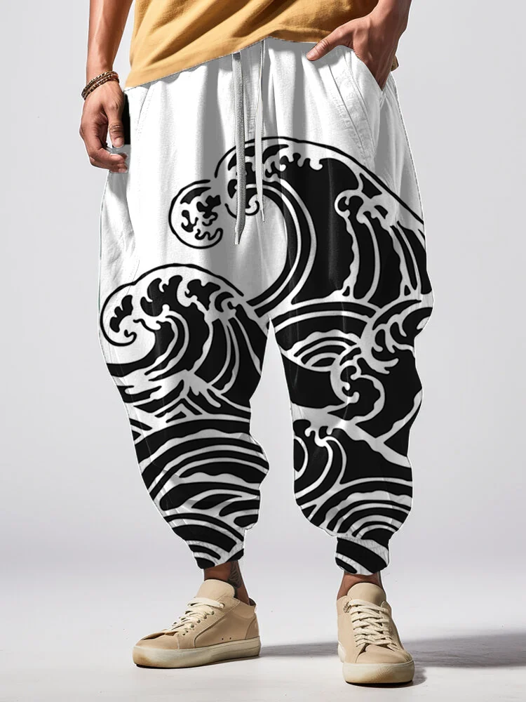 Men's Japan Art Sea Wave Print Loose Drawstring Waist Sweatpants