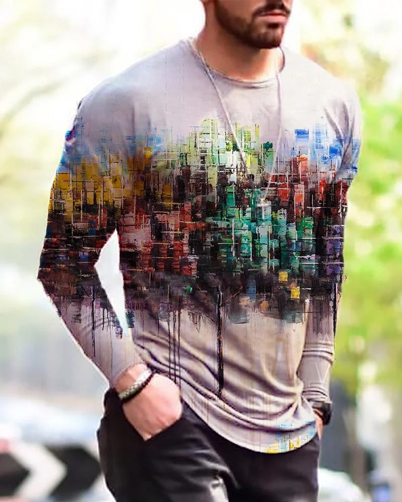men's abstract house printing long-sleeved T-shirt