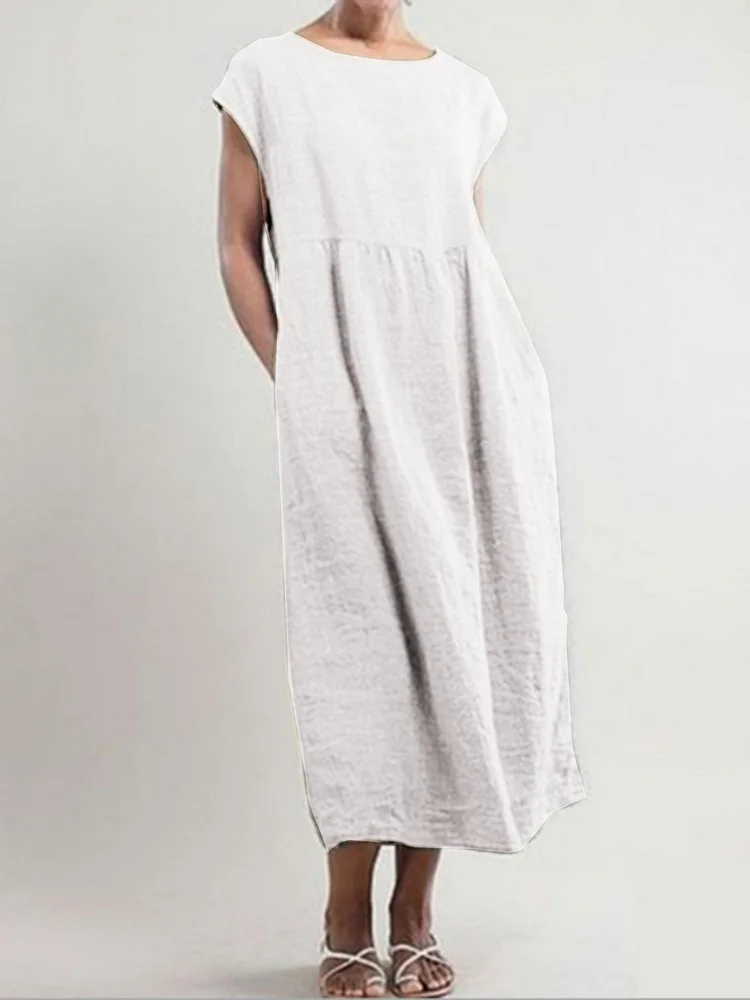 Solid Color Sleeveless Loose Cotton Linen Pocket Dress