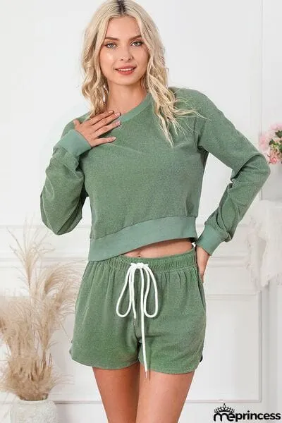 Round Neck Long Sleeve Top and Drawstring Shorts Lounge Set
