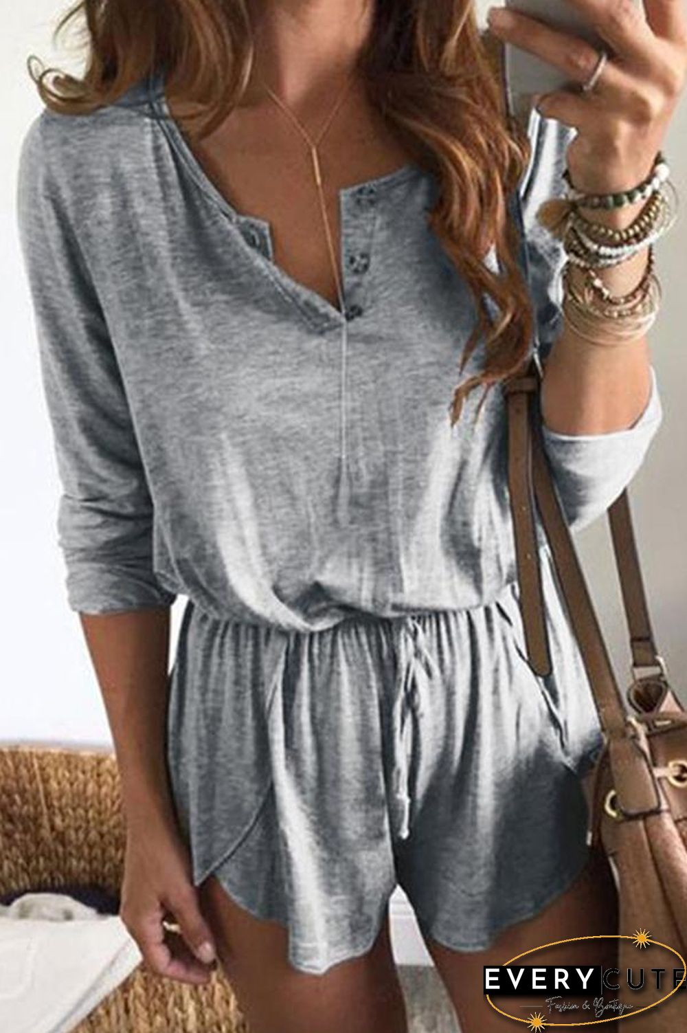 Solid Color Long Sleeve Tie Waist Romper P15010