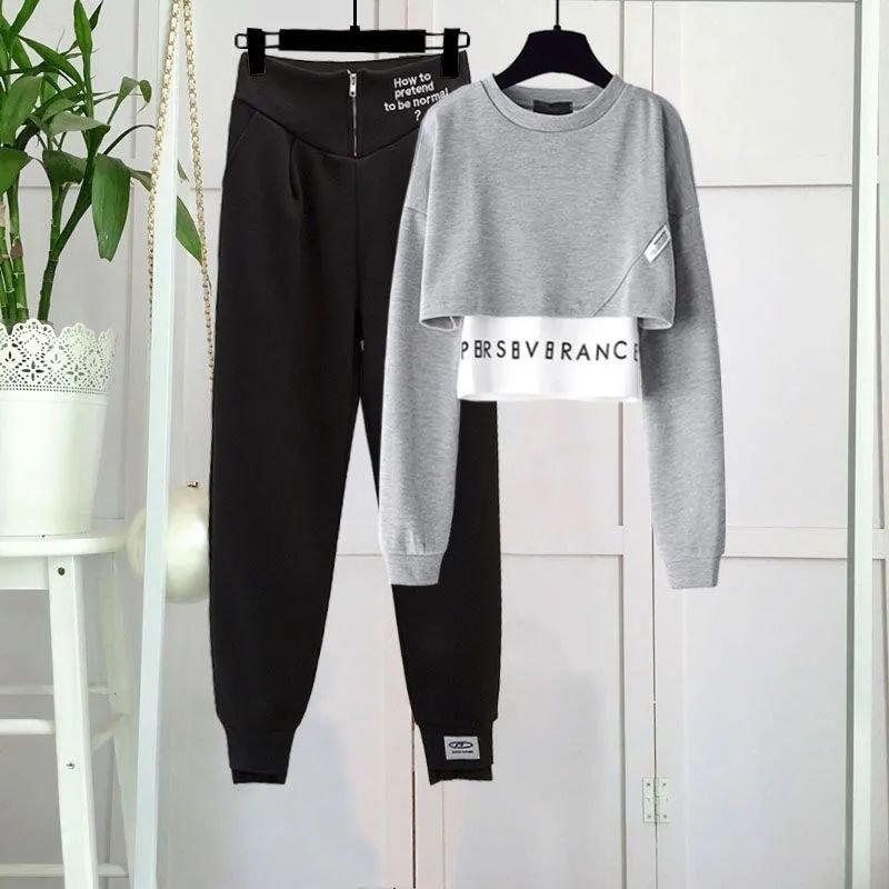 Brownm Autumn Casual Letter Printed Tracksuit 2 Piece Sets Women Patchwork Crop Slim Pullover Tops + Zip Sports Pants Set Outfits