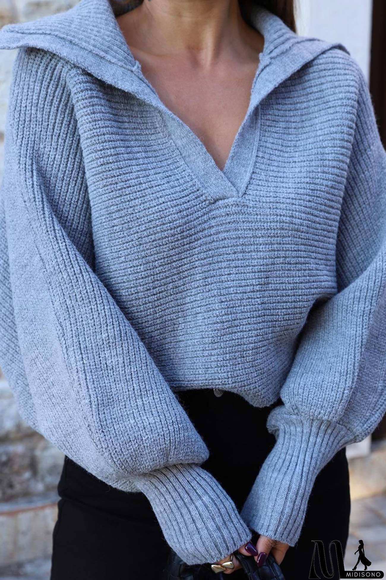 MidiSono - Lapel V Neck Puff Sleeve Sweater