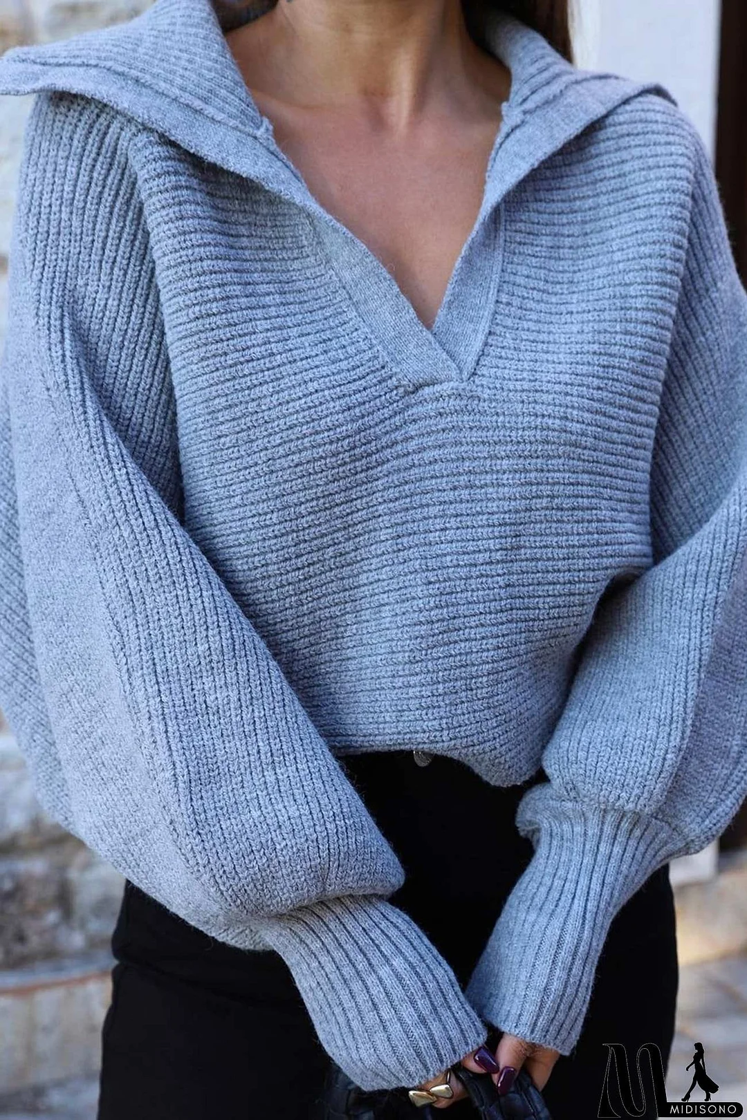 MidiSono - Lapel V Neck Puff Sleeve Sweater