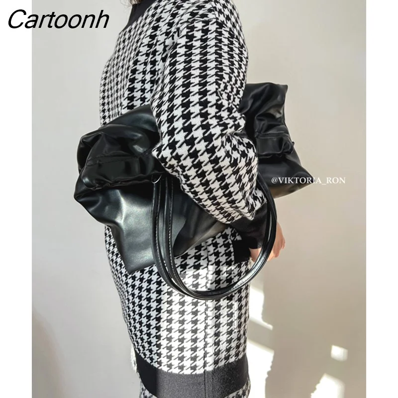 Cartoonh Long Knitted Pink Cardigan Female Autumn Winter Drop Shoulder Sweater Coat Basic Button Women's Houndstooth Tops C-162