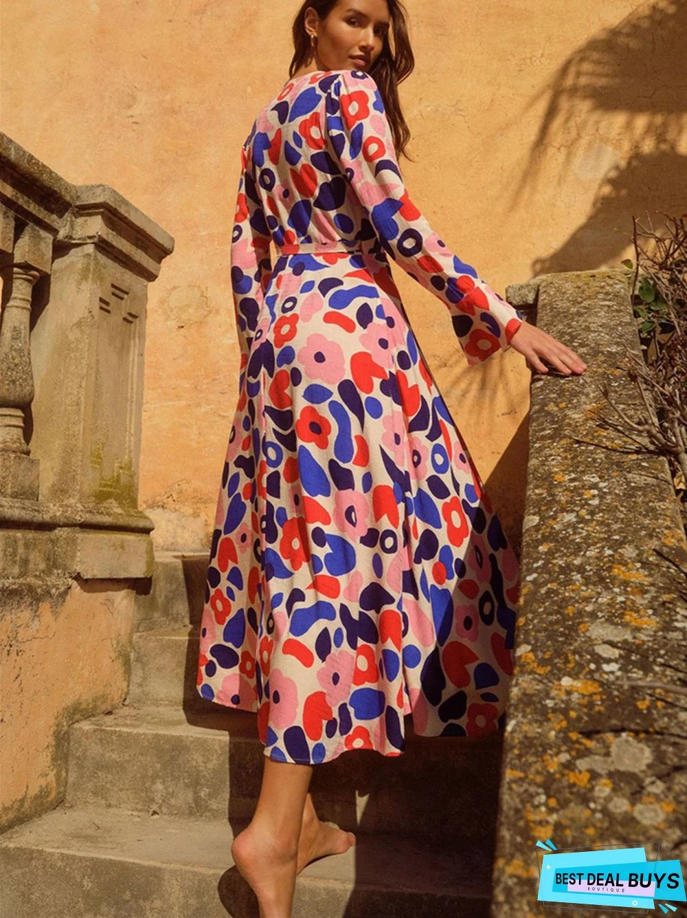 Temperament Commuter V-Neck Floral Long Sleeve Dress