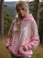 Women's Pink Flower Embroidery Art Long Sleeve Hoodie