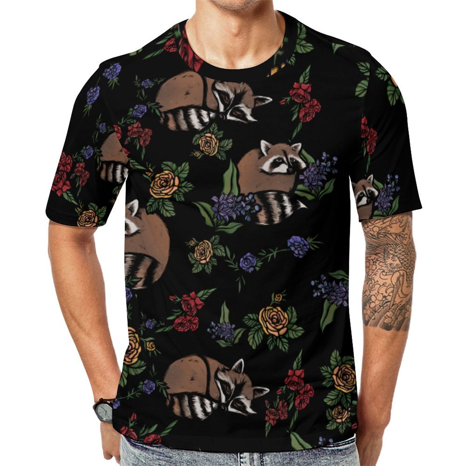 Floral Raccoons Cute Sleeping Raccoon Short Sleeve Print Unisex Tshirt Summer Casual Tees for Men and Women Coolcoshirts