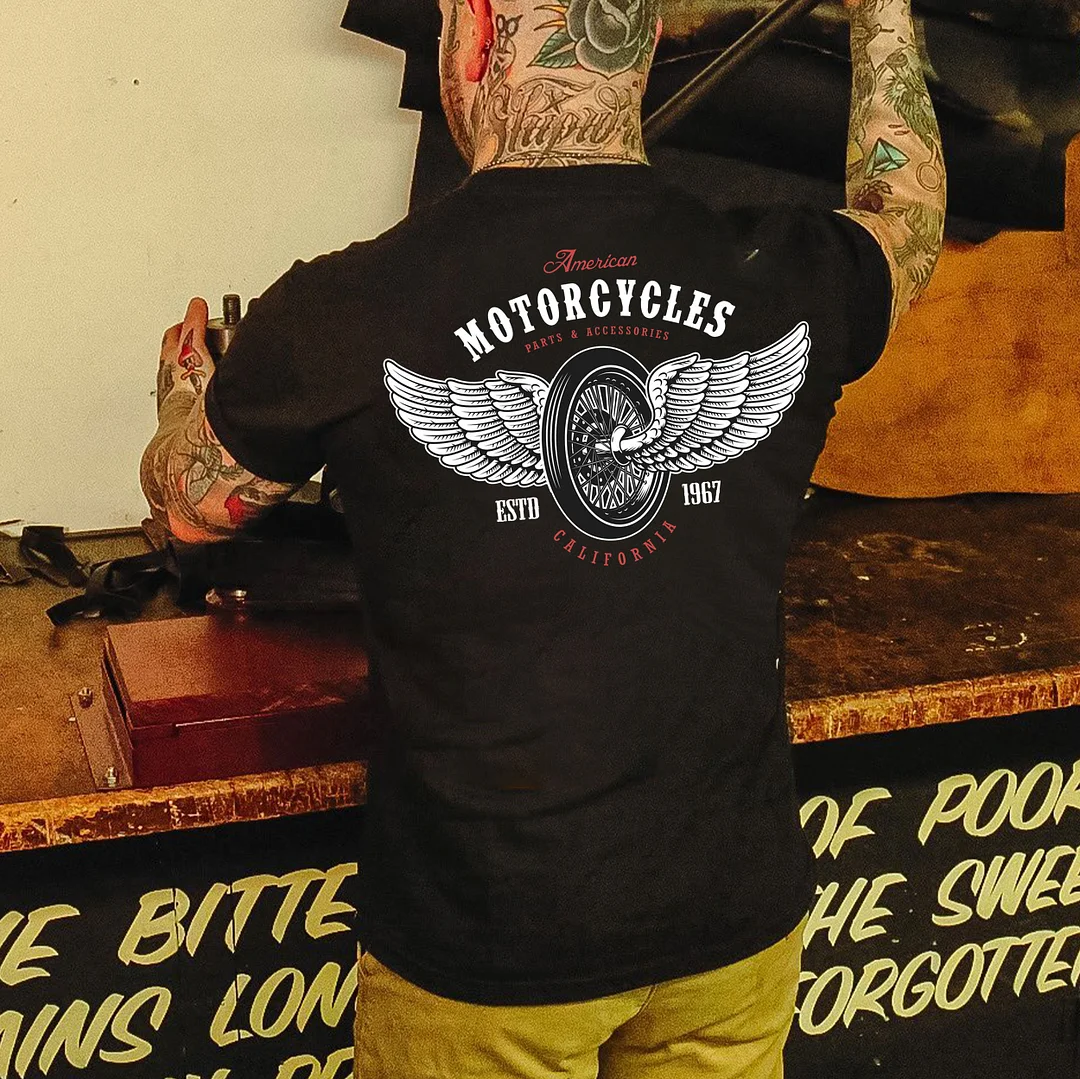 MOTORCYCLES Wheel with Wings Black Print T-Shirt