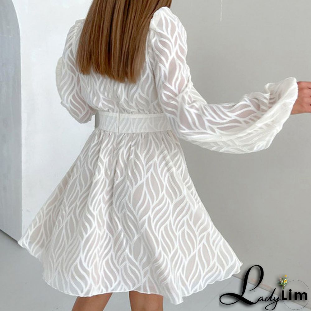 Spring and summer jacquard dress high waist a-line skirt lantern sleeve lace dress