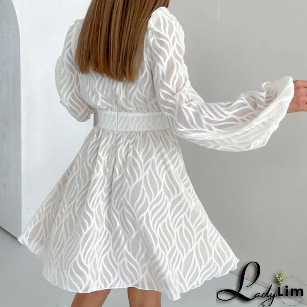 Spring and summer jacquard dress high waist a-line skirt lantern sleeve lace dress