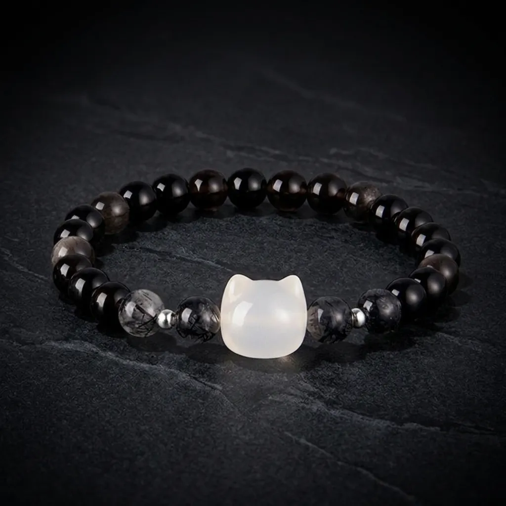 Whisper of the Night: Silver Obsidian Feline Guardian Bracelet Graceful Feline (Women's Size)