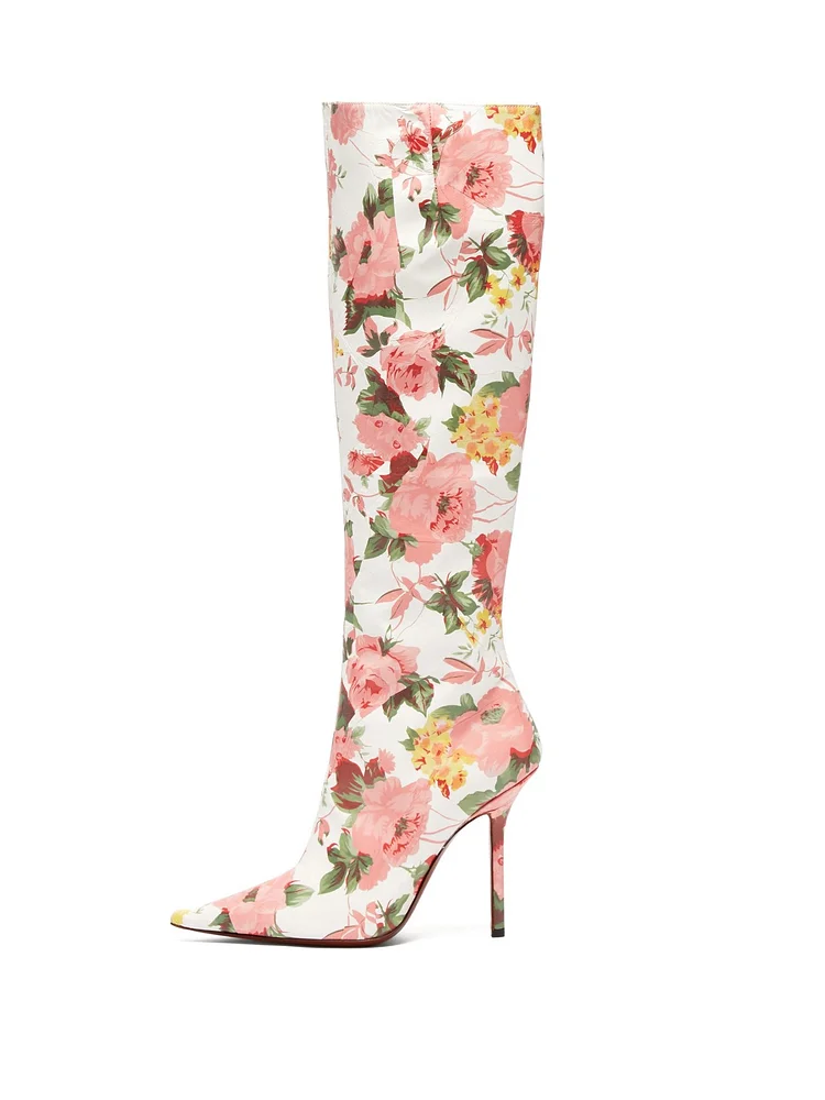 White and Pink Floral Knee-High Stiletto Heel Fashion Boots Vdcoo