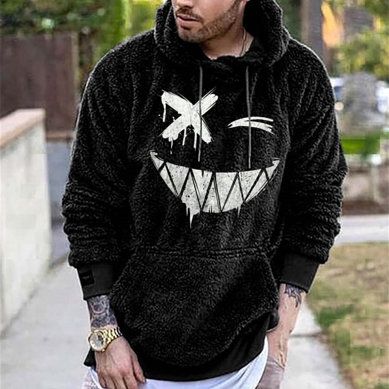 Smiley Print Plush Hooded Sweatshirt
