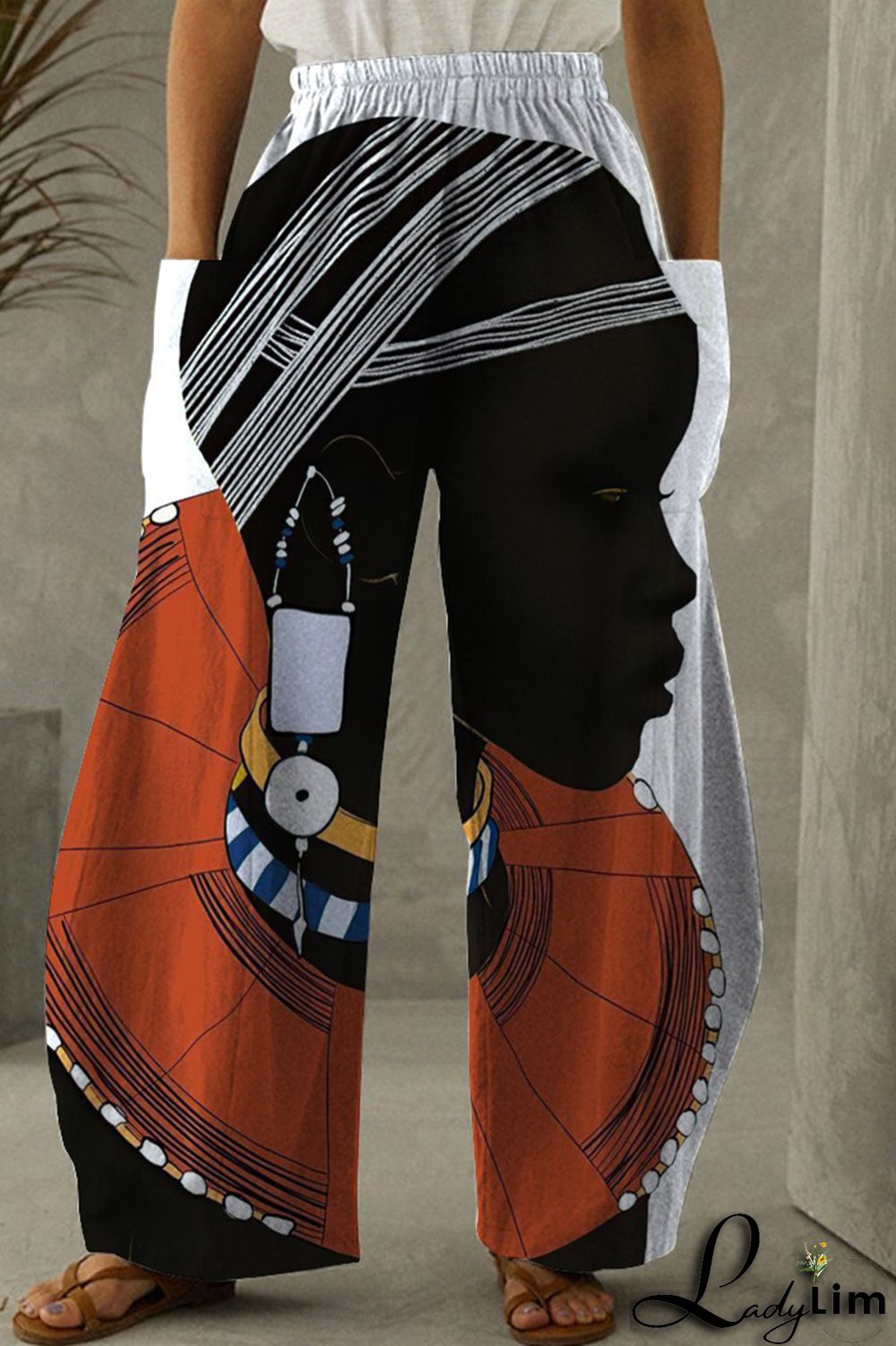 Black Brown Fashion Casual Print Patchwork Pocket Regular High Waist Trousers