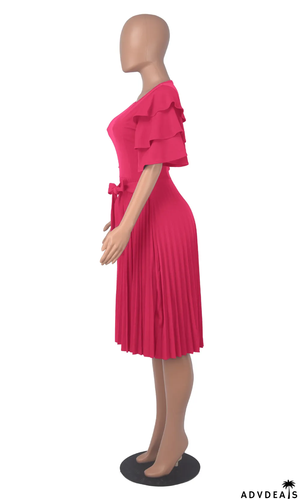 Summer Women Round Neck Ruffle Short Sleeve Pressed Pleated Dress