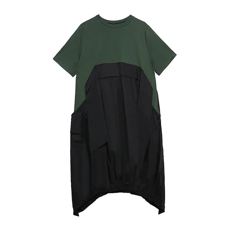 Irregular Pleated Hit Color Loose Covering Belly Pullover Short Sleeve Dress Summer  