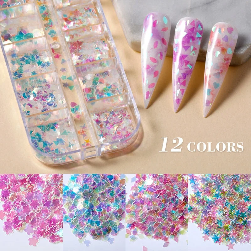 12 Grids Spangles Nail Sequins Aurora AB Nail Flakes Stunning Pailliette Heart Butterfly Spring Sticker Nart Tips Decoration-Nail Inspo