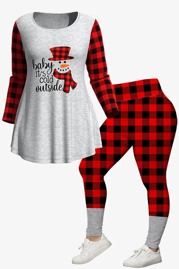 Flycurvy Plus Size Christmas Light Grey Plaid Letter Print Pant Set  Flycurvy [product_label]