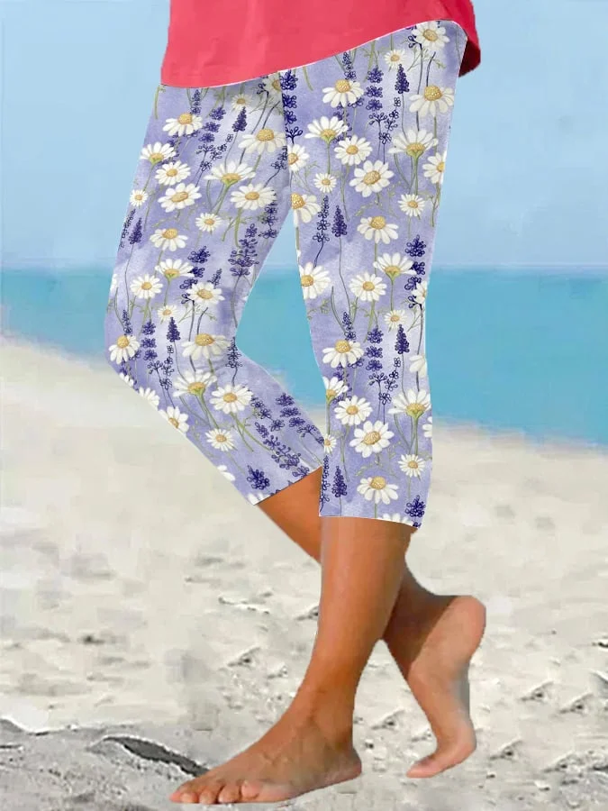 Women's Little Daisy Art Pattern Floral Print Cropped Leggings