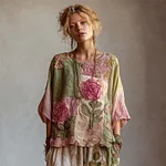Vintage Pink Roses Cottagecore Patchwork Linen Tunic - Image 2