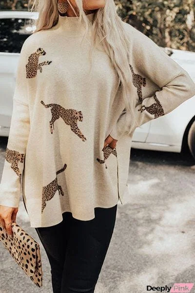 Animal Pattern Mock Neck Long Sleeve Slit Sweater