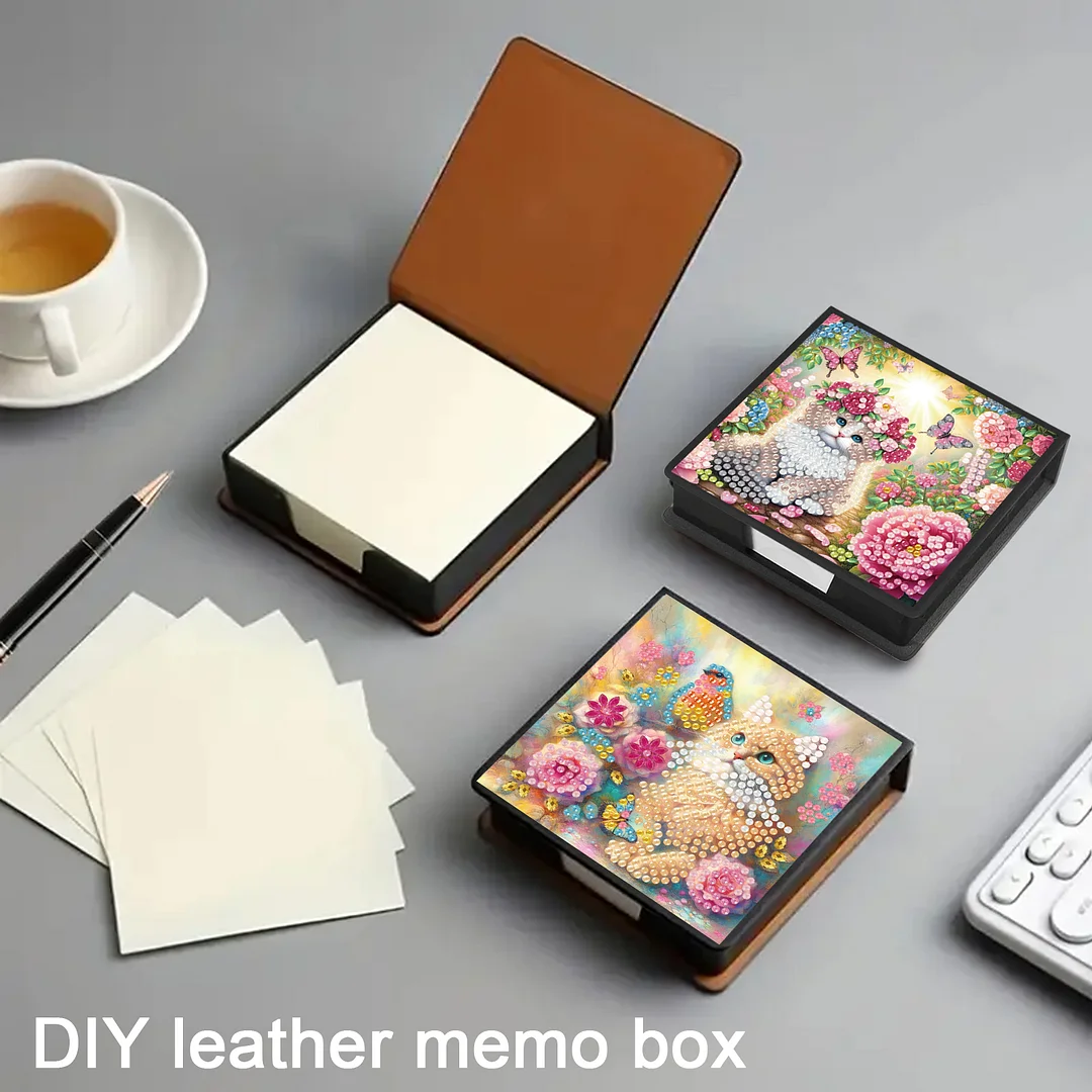 4Pcs Cat 5D DIY PU Diamond Painting Kit Office Note Box with 160 Sheets Paper