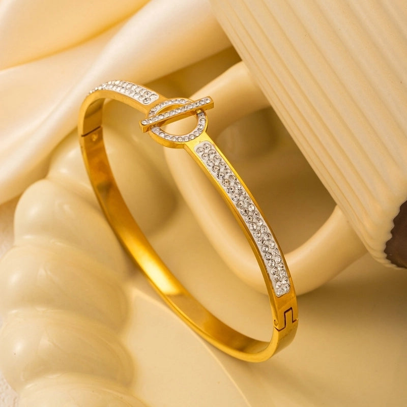 Casual Elegant Geometric 304 Stainless Steel 18K Gold Plated Rose Gold Plated Zircon Bangle In Bulk