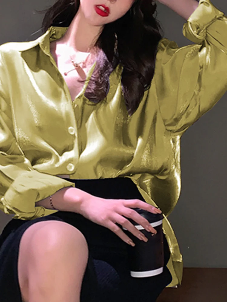 Solid color flashing fabric long-sleeved women's blouse QueenFunky