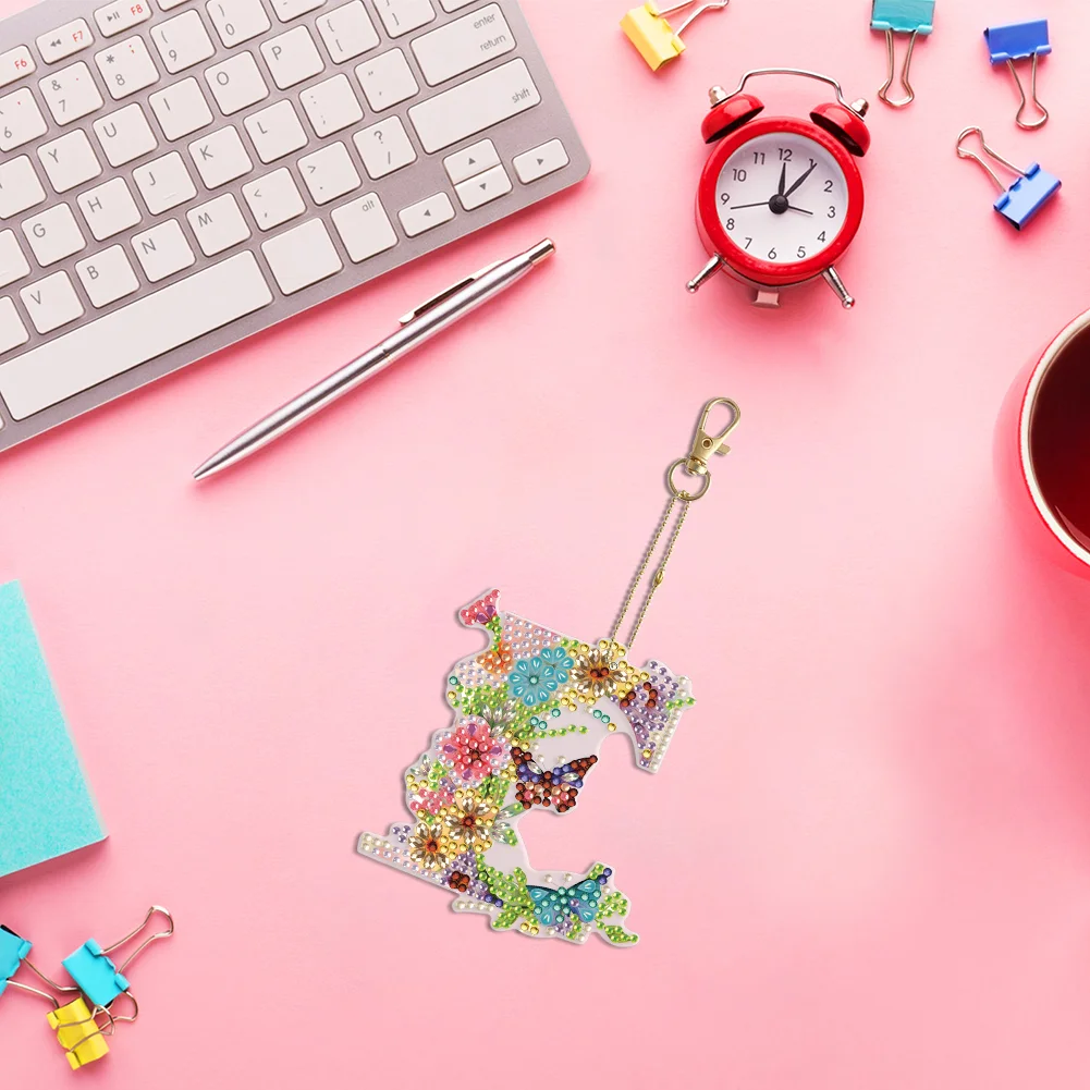 DIY E Diamond Art Key Rings Lettter Keychain Supplies Gift for Kids(Double Sided)