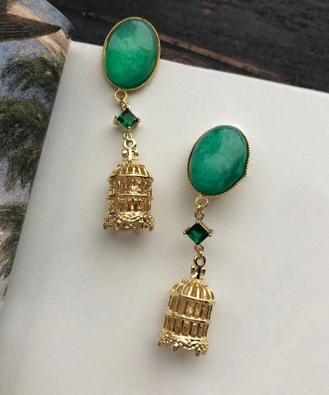 Chic Green Sterling Silver Overgild Hollow Out Birdcage Drop Earrings