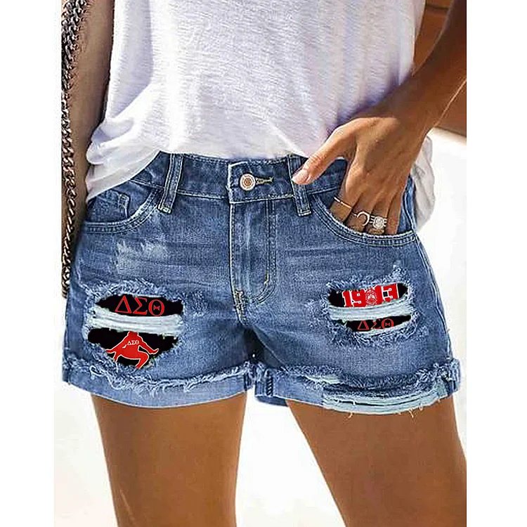 Fashion Print Ripped Denim Shorts