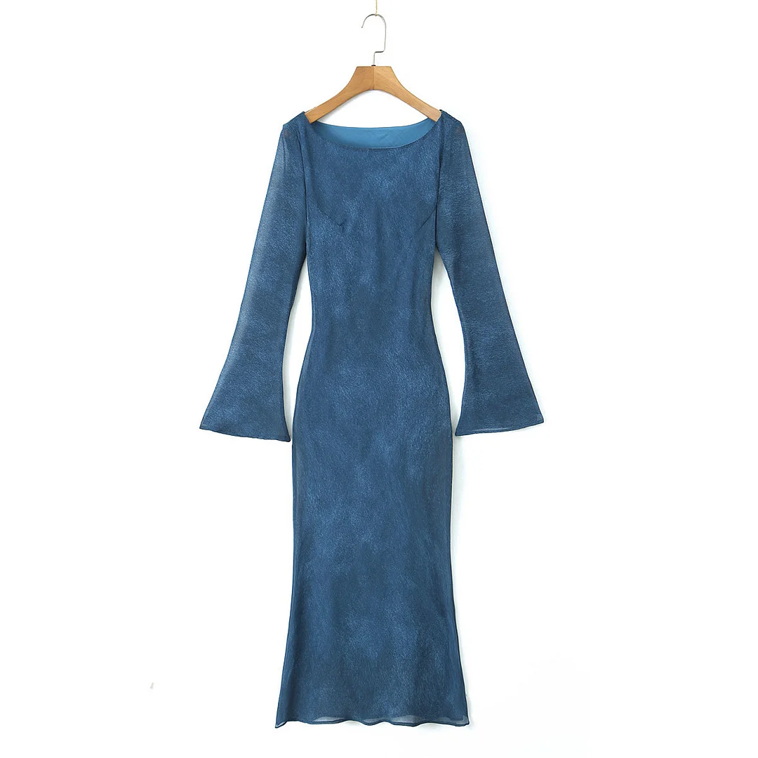Nncharge Women Blue Tiedye Print Crew Neck Long Flare Sleeve Maxi Long Dress Sexy Slim Waist Ankle-length Robe