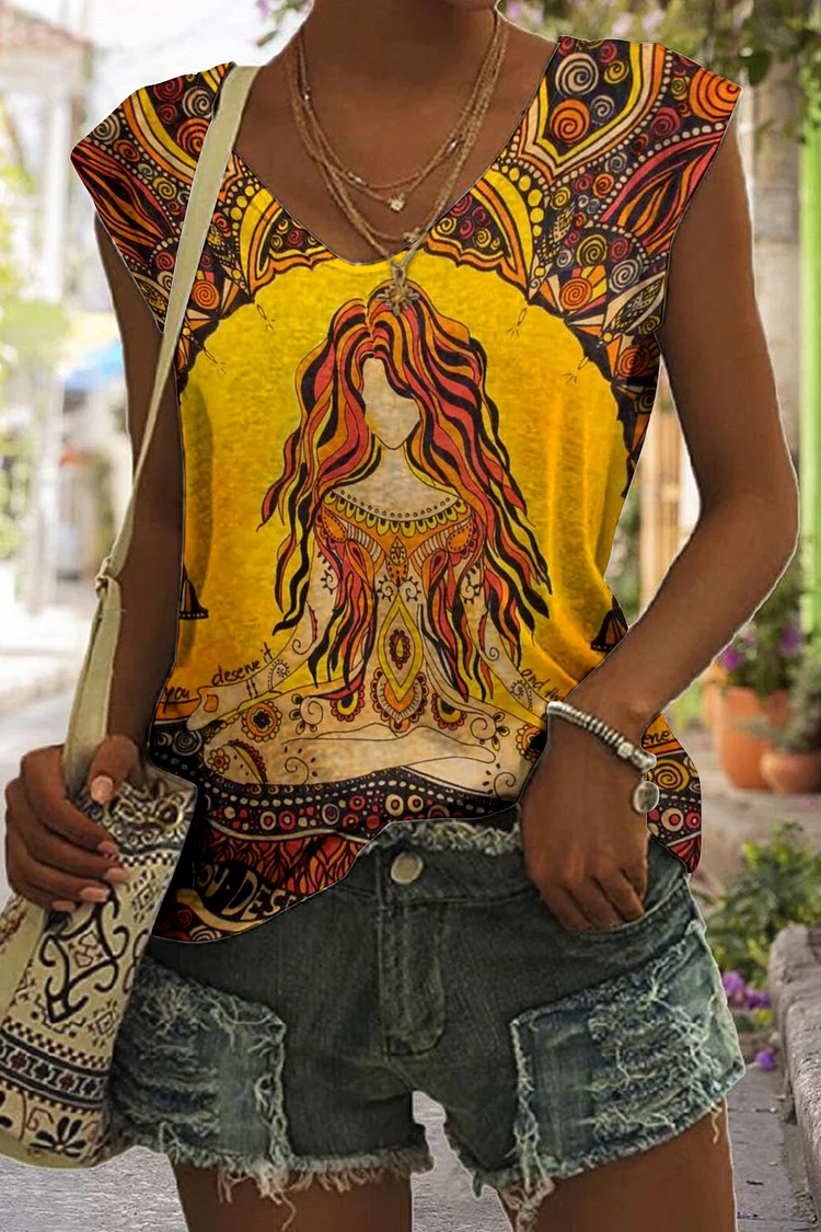 🔥kukelife🔥Hippie Bohemian Meditation Woman Mandala Print V-Neck Tank Top
