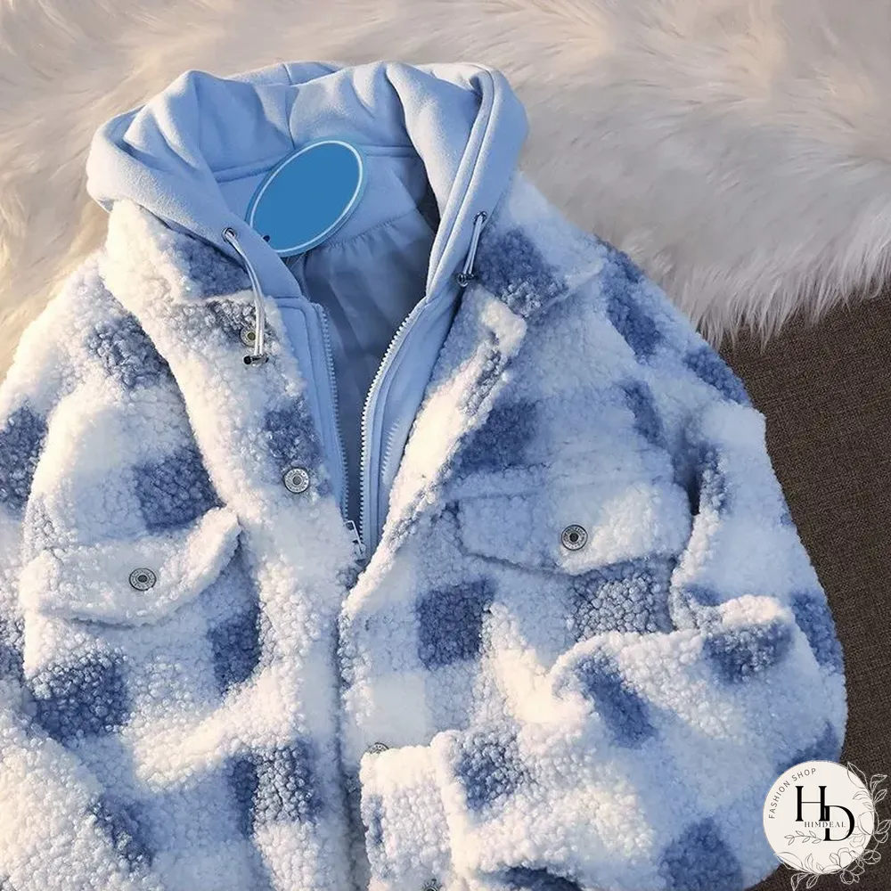 Neutral Check Plush Hooded Jacket