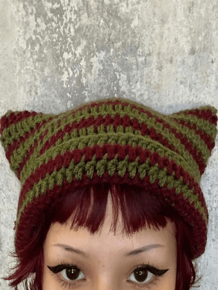 Brownm Hand Made Horn Detail Striped Knitted Hat