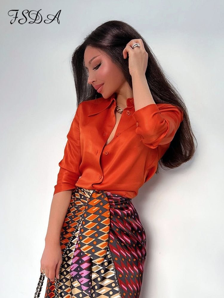 FSDA V Neck Elegant Satin Blouse Shirts Women Long Sleeve Orange 2022 Autumn Summer Y2K Sexy Top Shirt Fashion Lady Office