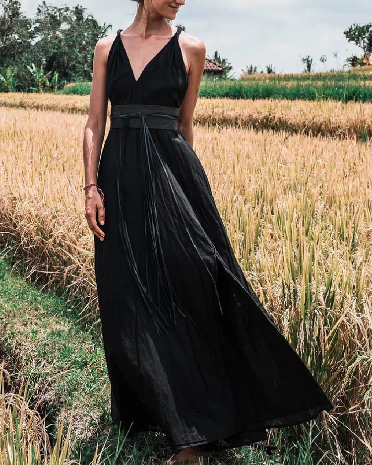 Casual Solid Color Crossover Backless Dress