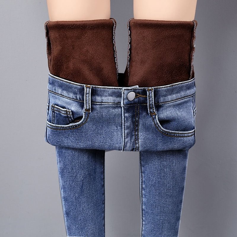Warm Jeans Pants For Women Plus Size Winter Blue Light blue Solid Skinny Fleeces Thick Pencil Pants with Velvet Denim Trousers