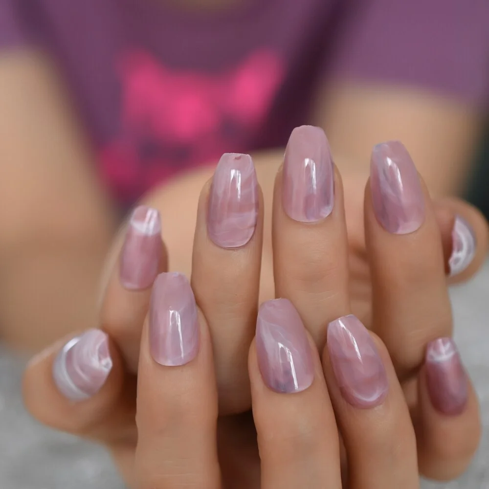 EchiQ Pink Pre-designed Fake Nails Medium Size Marble Coffin Press On Nails Stone Pattern Tips-Nail Inspo