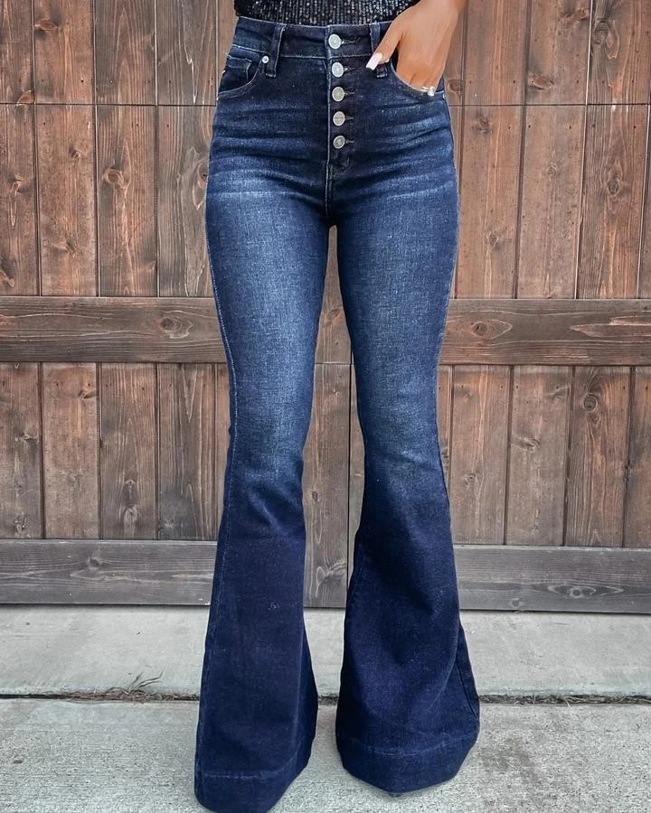 Women's Cowgirl Streetwear Single Breasted High Waist Flare Denim Jeans