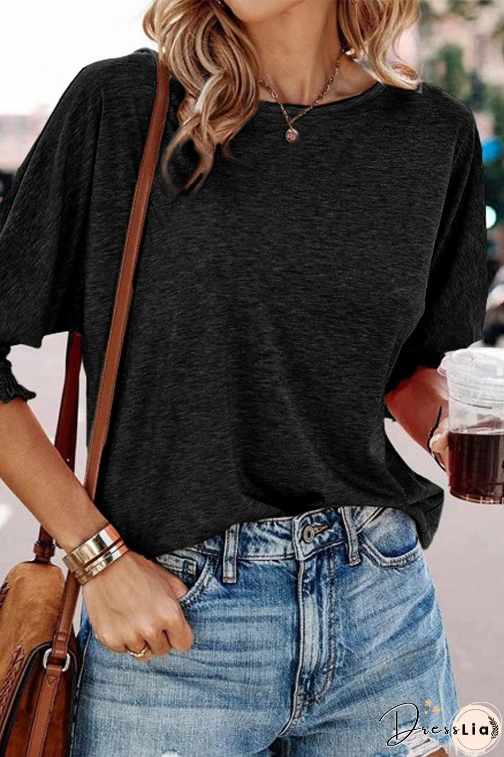 Heathered Black Smocked 3/4 Sleeve Casual Loose Top